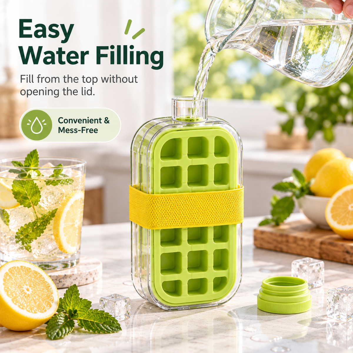 2-in-1 Portable Ice Cube Maker & Storage Bottle – No-Touch Easy Release Ice Tray with Lid