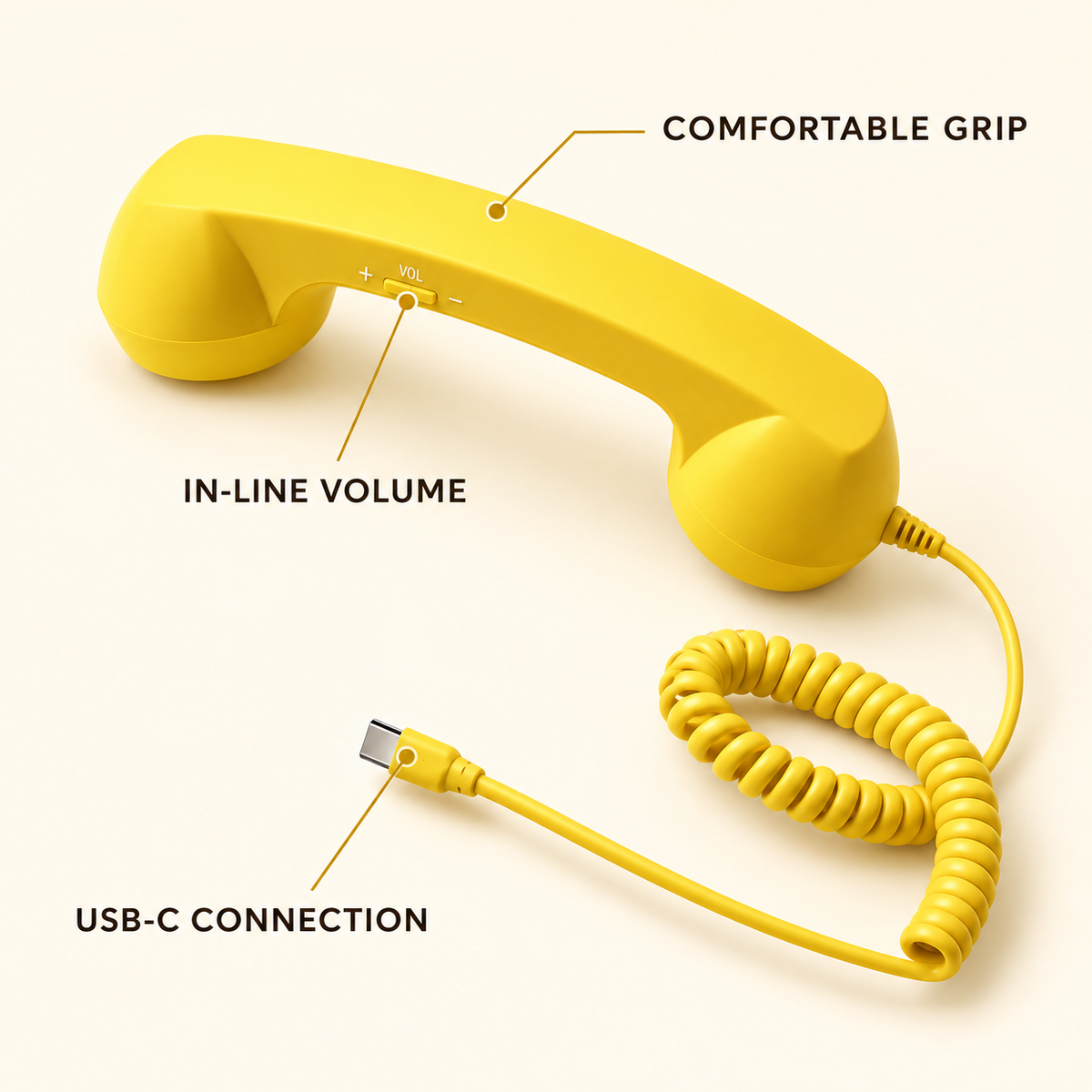 RetroCall Wired Telephone Handset – USB-C/3.5mm Plug-In Phone Receiver with Volume Control