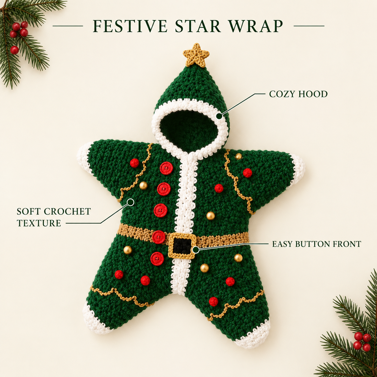 Christmas Star Baby Knitted Romper – Cozy Hooded Holiday Wrap