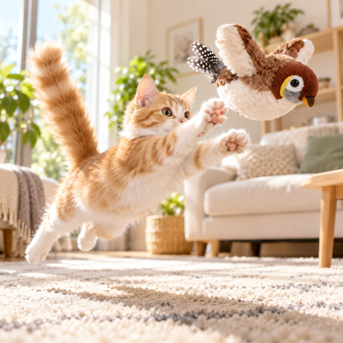 Rechargeable Simulated Bird Cat Toy, Touch-Activated Chirping and Flapping Plush Toy