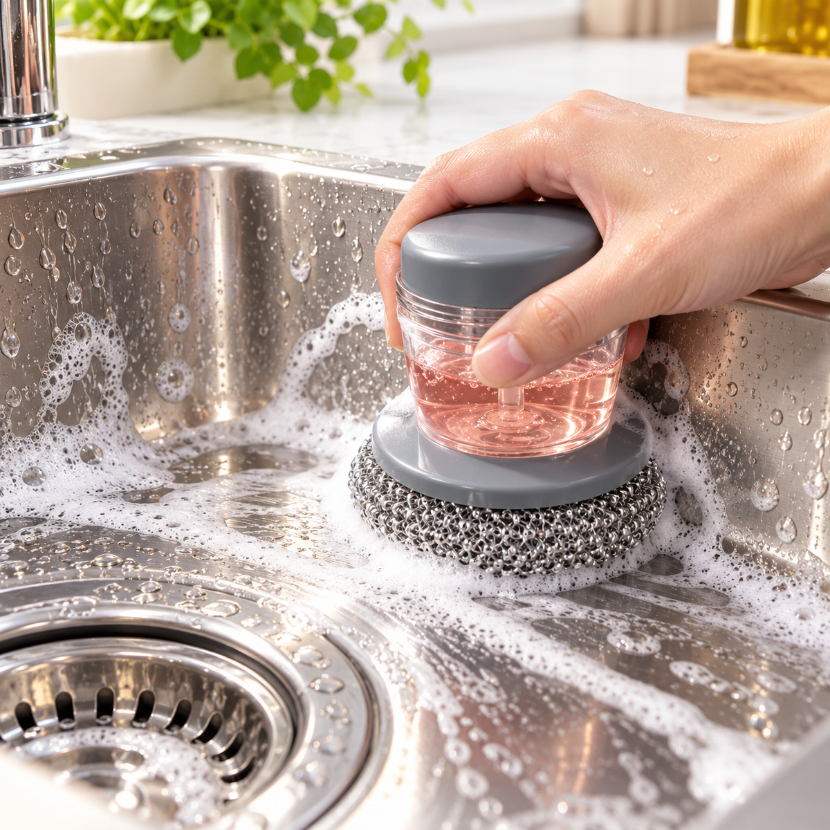 Soap Dispensing Stainless Steel Dish Brush