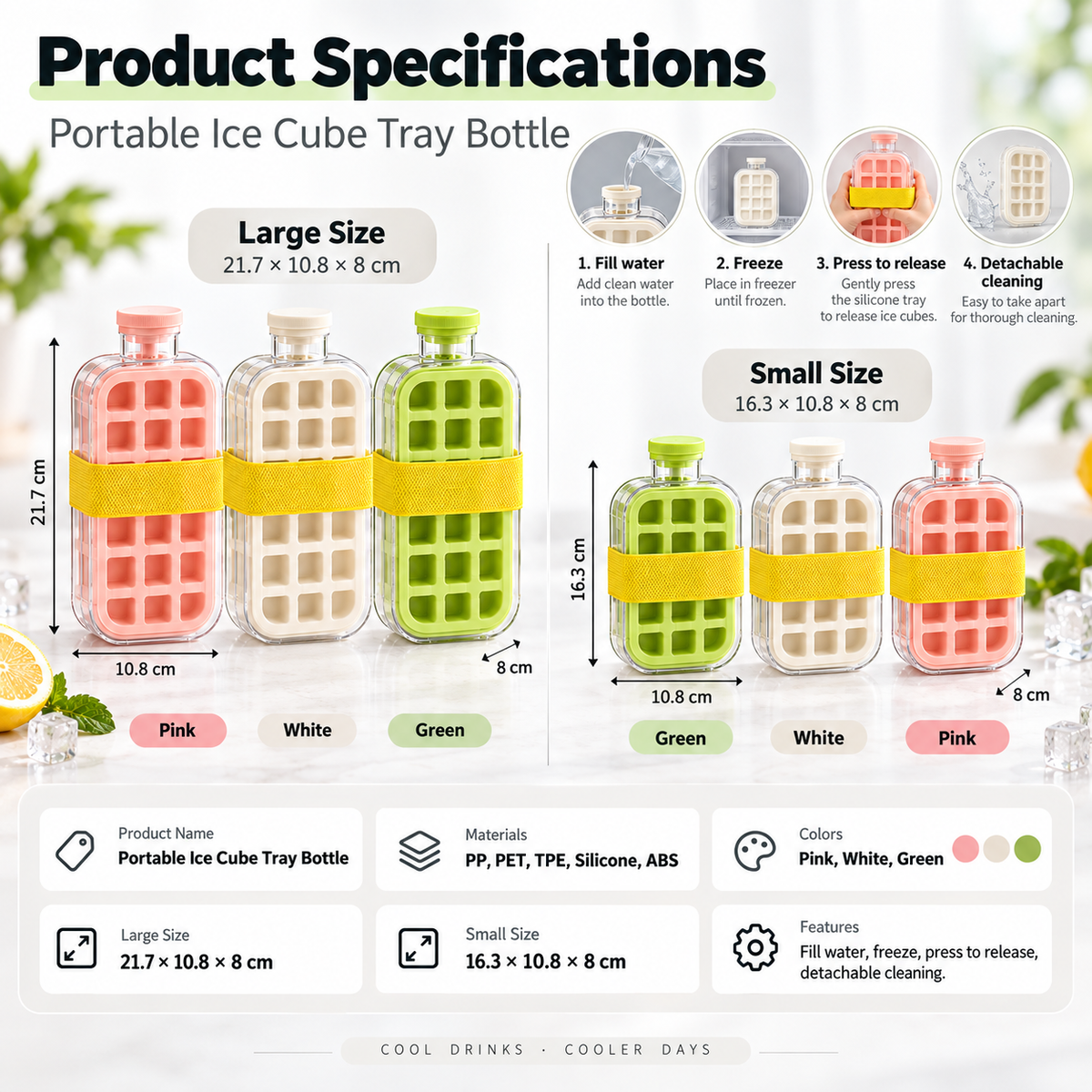 2-in-1 Portable Ice Cube Maker & Storage Bottle – No-Touch Easy Release Ice Tray with Lid