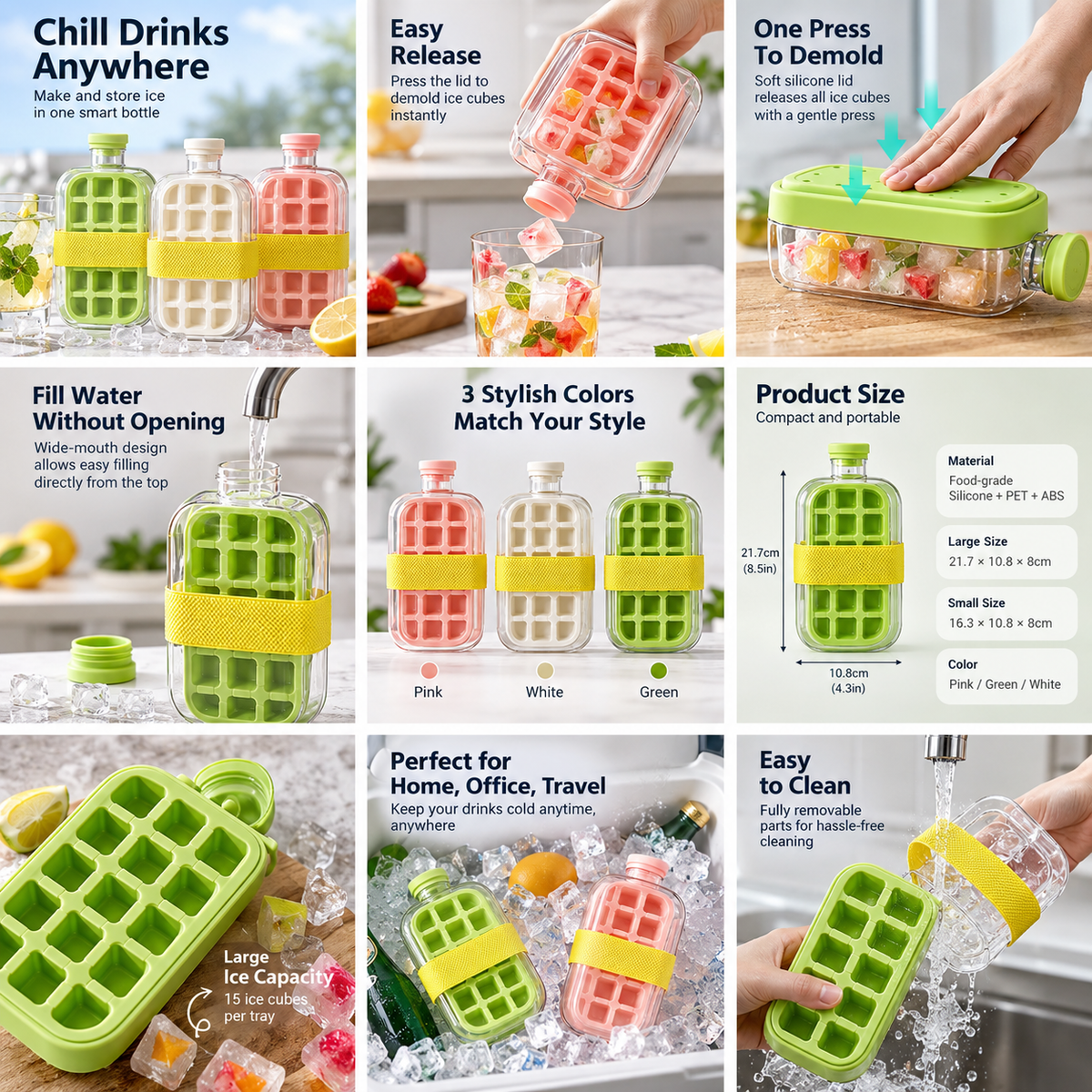 2-in-1 Portable Ice Cube Maker & Storage Bottle – No-Touch Easy Release Ice Tray with Lid