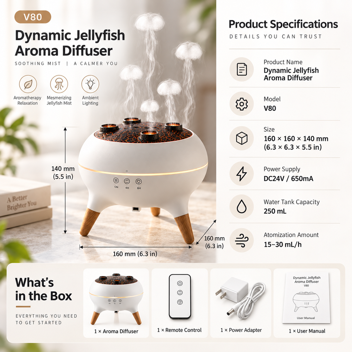 JellyGlow Dynamic Jellyfish Aroma Diffuser – 250mL Sound-Reactive Essential Oil Humidifier with 7-Color Ambient Light & Remote Control