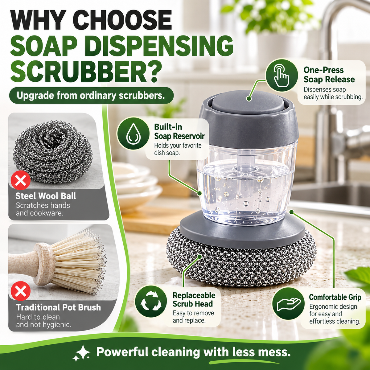 Soap Dispensing Stainless Steel Dish Brush