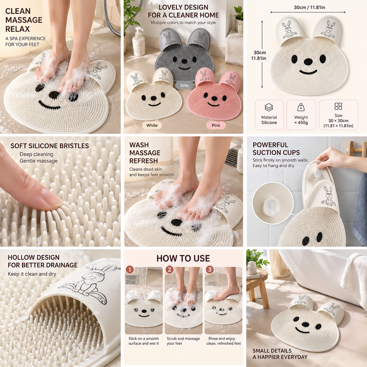 2-in-1 Anti-Slip Foot Scrubber & Massage Bath Mat – Exfoliating Shower Mat with Back Scrub Function