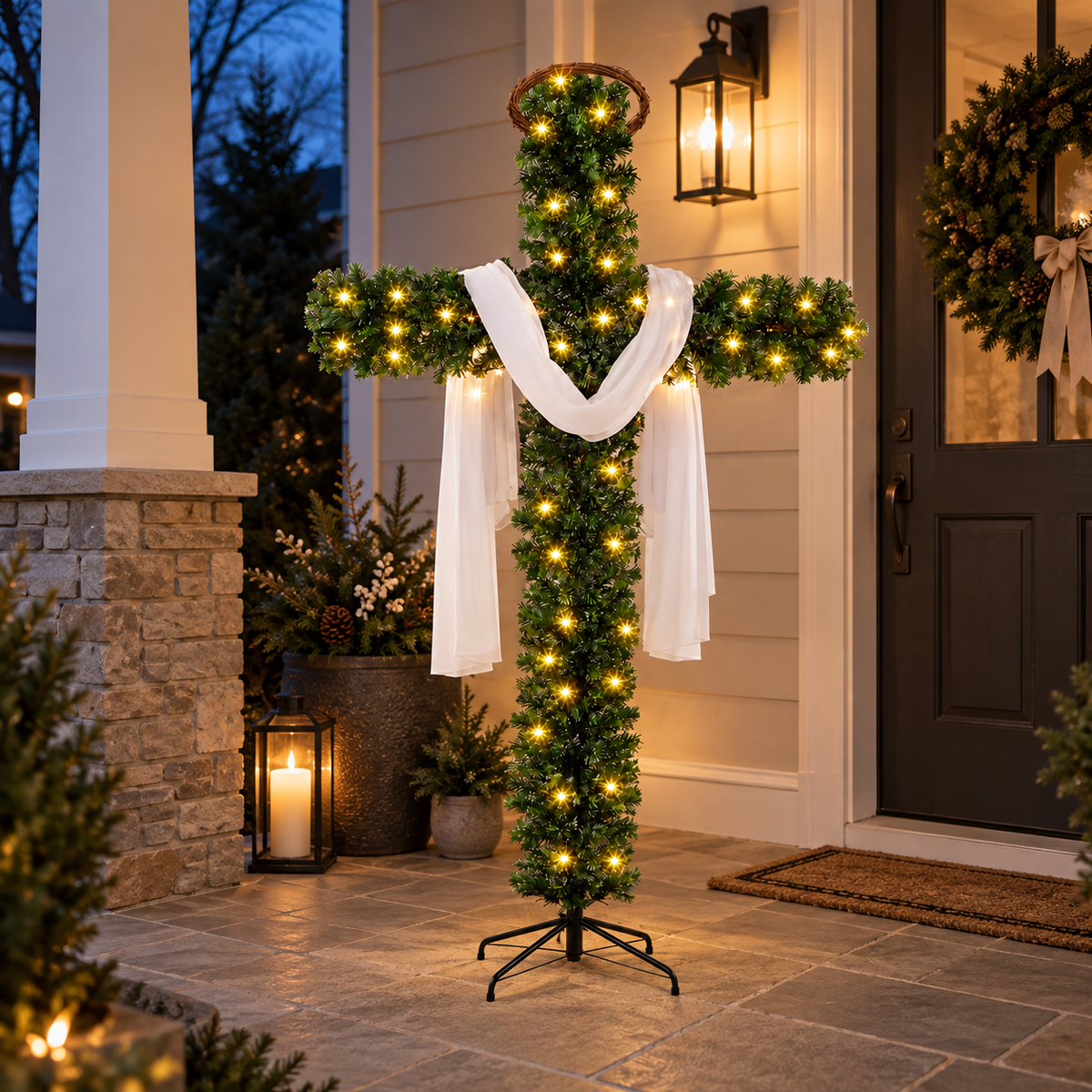 Pre Lit Cross Christmas Tree with Warm LED Lights Artificial PVC Christian Christmas Decoration