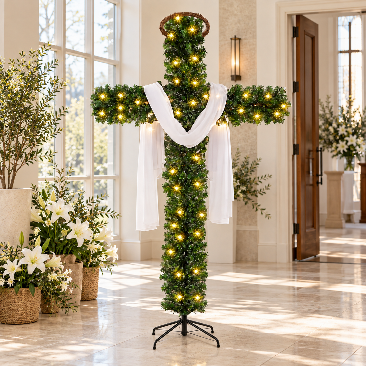 Pre Lit Cross Christmas Tree with Warm LED Lights Artificial PVC Christian Christmas Decoration