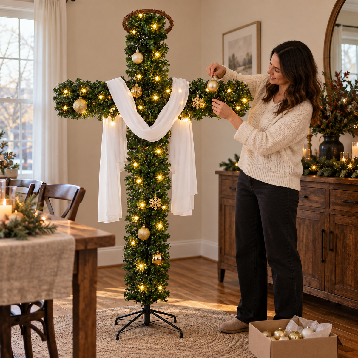 Pre Lit Cross Christmas Tree with Warm LED Lights Artificial PVC Christian Christmas Decoration