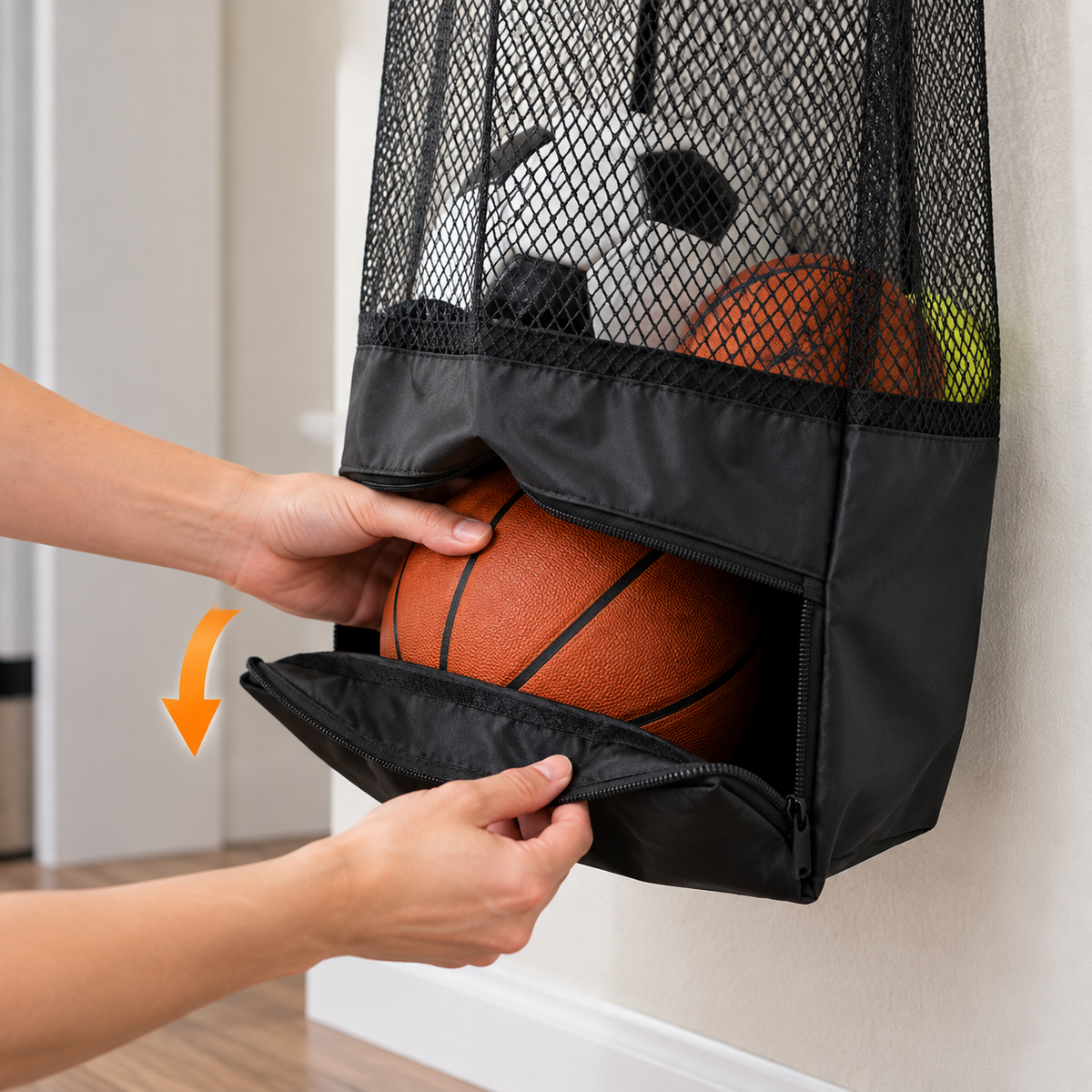 Basketball Catch Net Storage Bag – Extended Hoop Ball Return Organizer for Garage & Backyard Courts
