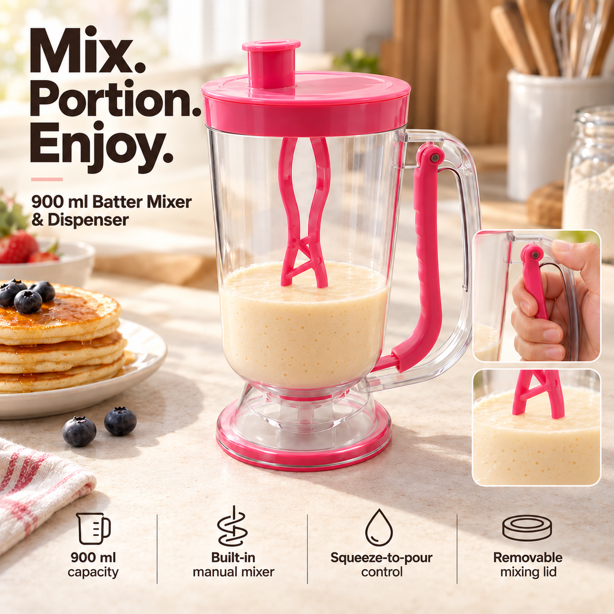 900ml Handheld Batter Mixer & Dispenser for Pancakes, Cupcakes & Cakes