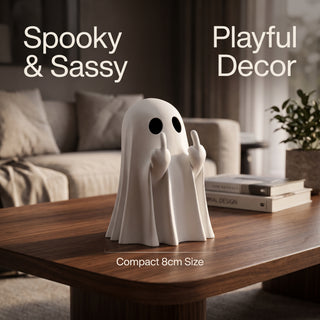 Cute Halloween Ghost Statue with Middle Finger Gesture – Small Spooky Tabletop Decor