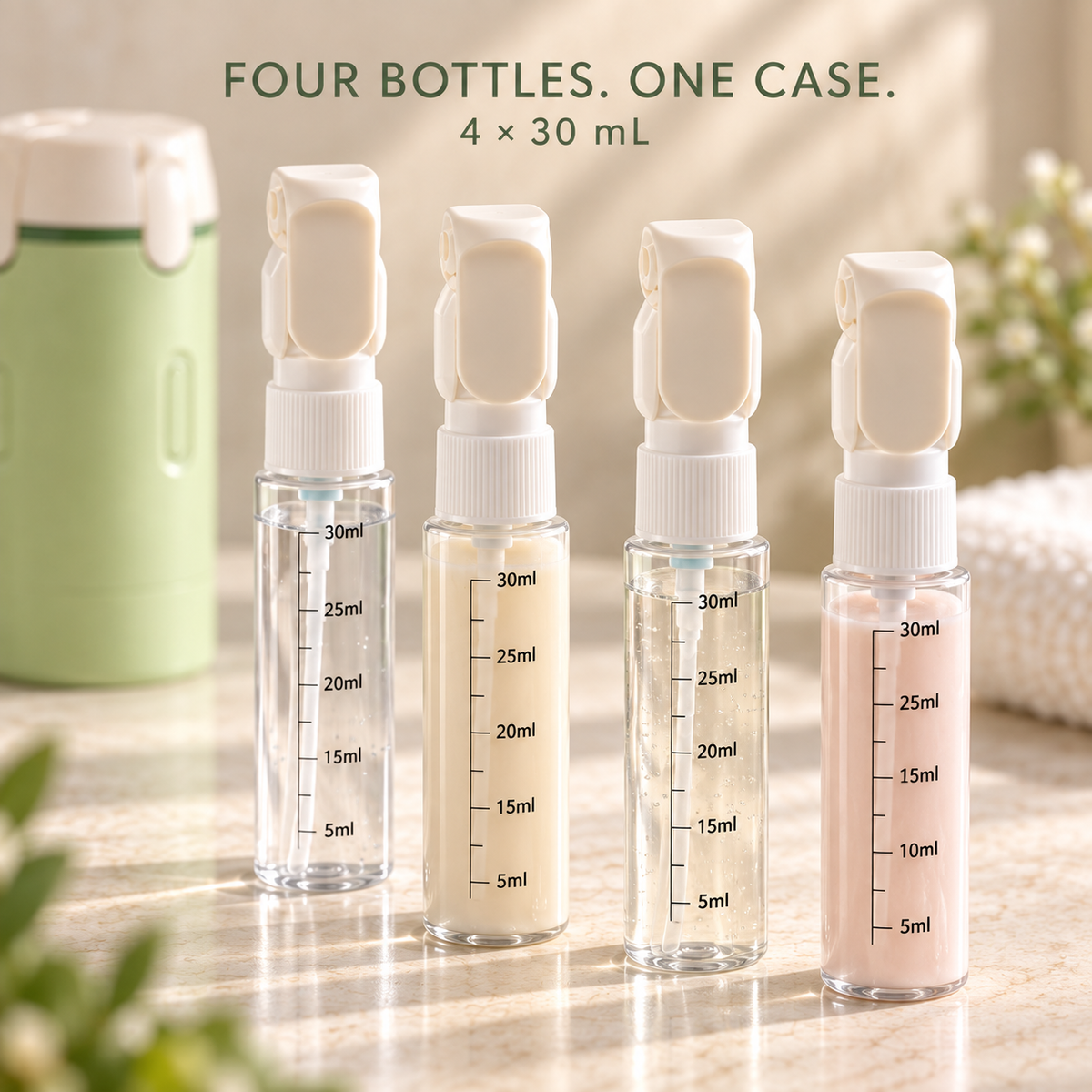 4-in-1 Refillable Travel Toiletry Dispenser with Four 30 mL Bottles
