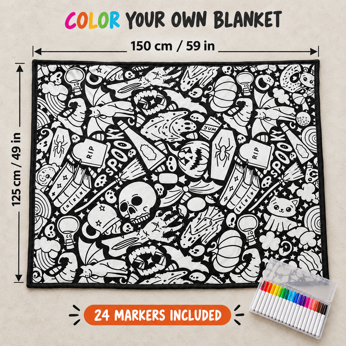 (KIT) DIY Halloween Coloring Blanket with 24 Markers, 150 × 125 cm