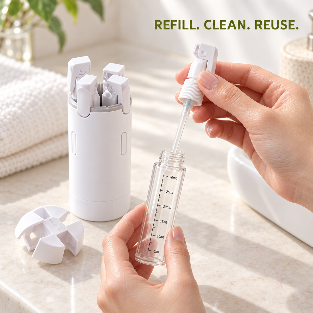 4-in-1 Refillable Travel Toiletry Dispenser with Four 30 mL Bottles
