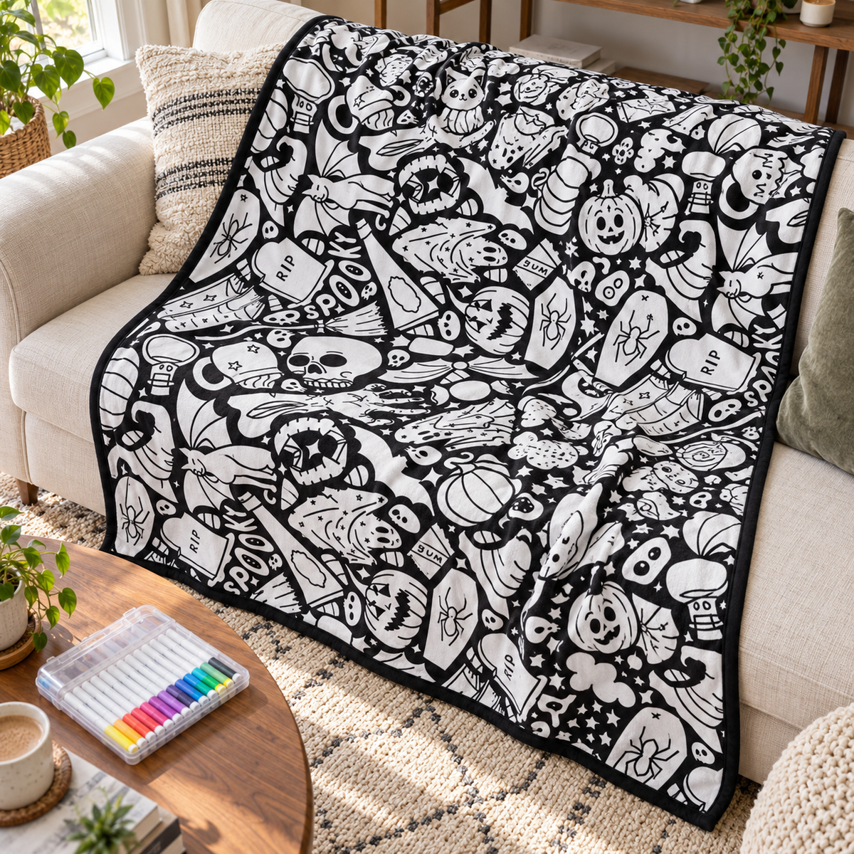 (KIT) DIY Halloween Coloring Blanket with 24 Markers, 150 × 125 cm