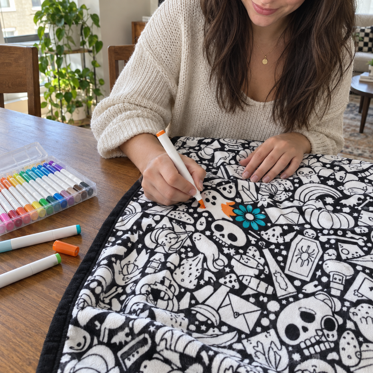 (KIT) DIY Halloween Coloring Blanket with 24 Markers, 150 × 125 cm