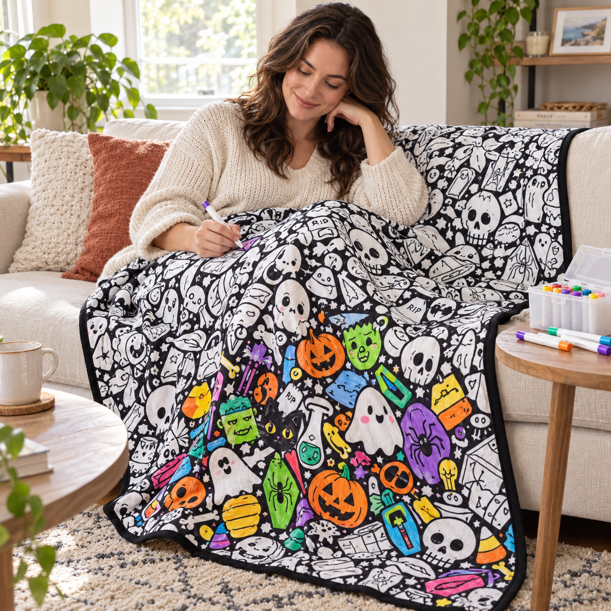 (KIT) DIY Halloween Coloring Blanket with 24 Markers, 150 × 125 cm