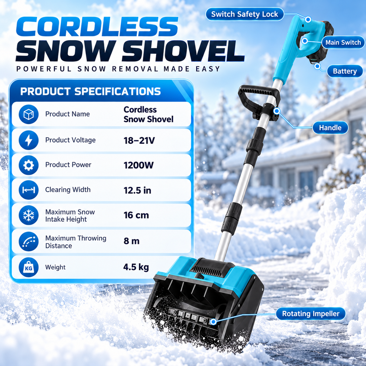 Cordless Snow Shovel – 18–21V Battery-Powered Electric Snow Thrower