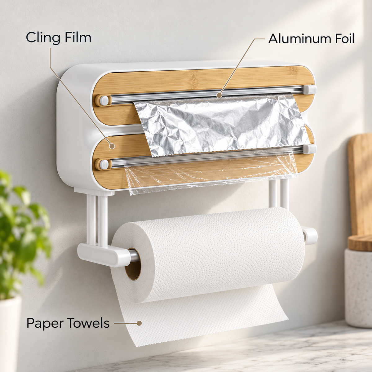 3-in-1 Magnetic Plastic Wrap Dispenser with Cutter | Cling Film, Foil & Baking Paper Organizer