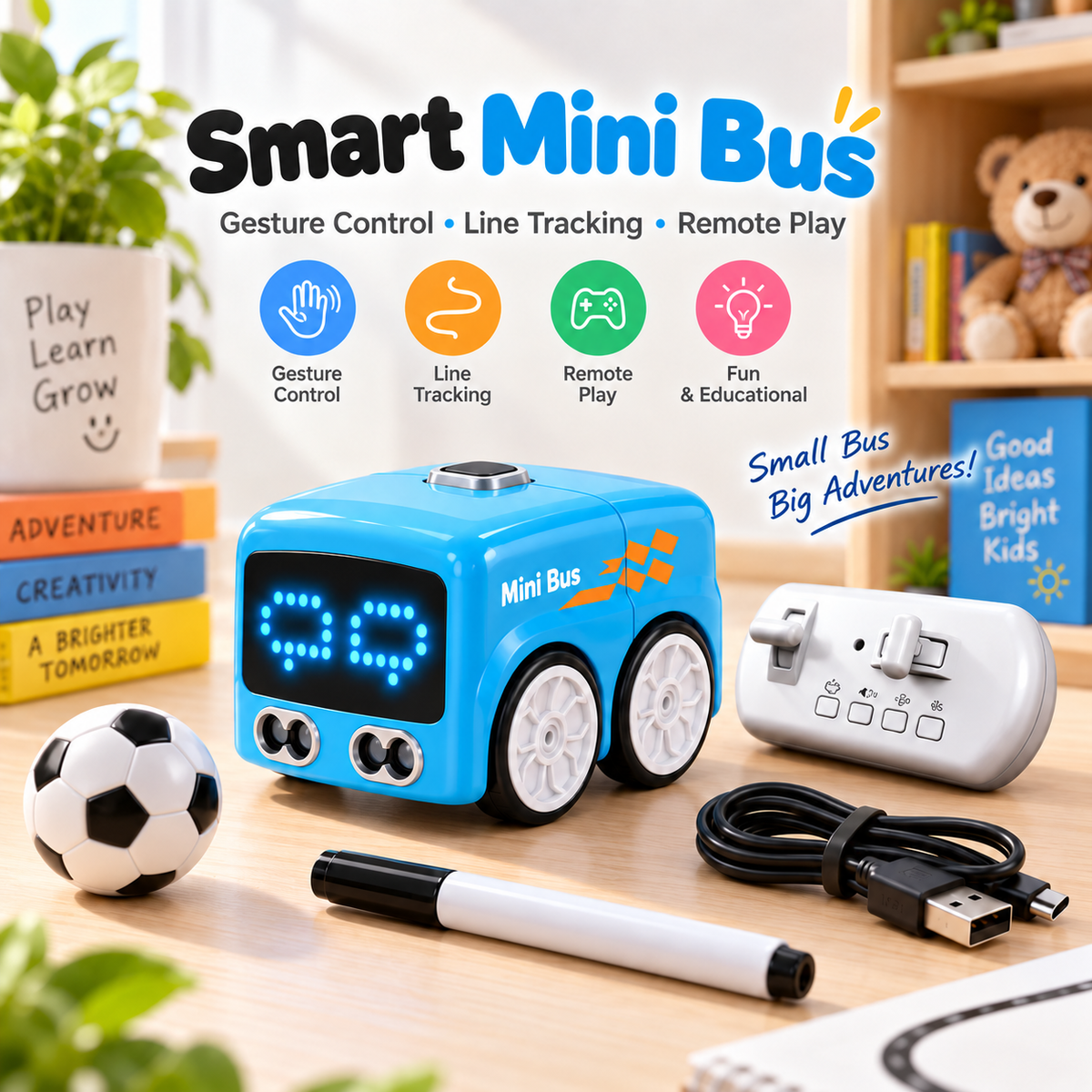 Smart Mini Bus RC Car with Gesture Control, Line Tracking and Interactive Play Modes