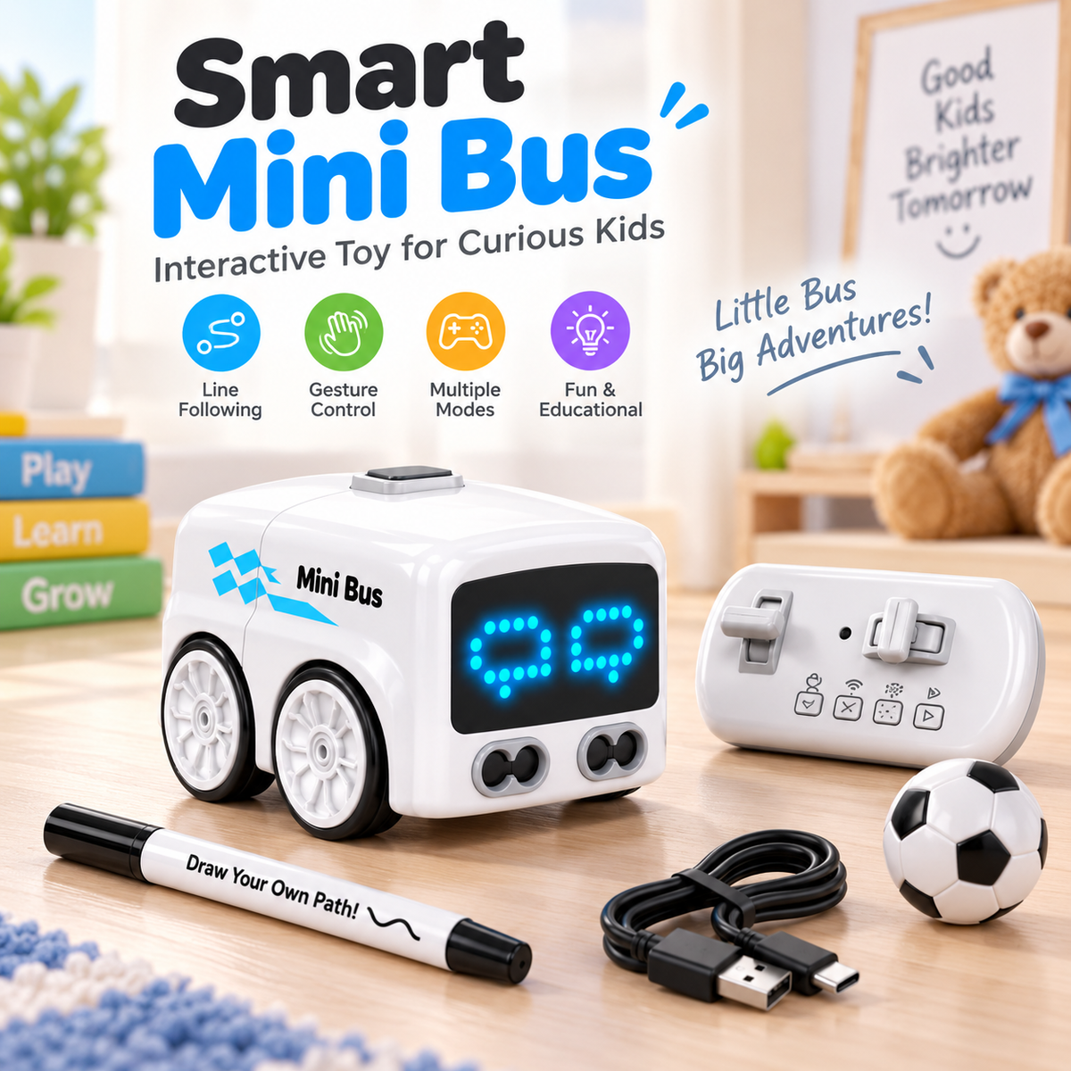 Smart Mini Bus RC Car with Gesture Control, Line Tracking and Interactive Play Modes