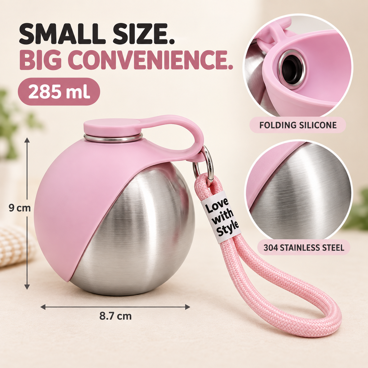 Portable Stainless Steel Pet Water Bottle with Fold-Out Bowl, 285 mL