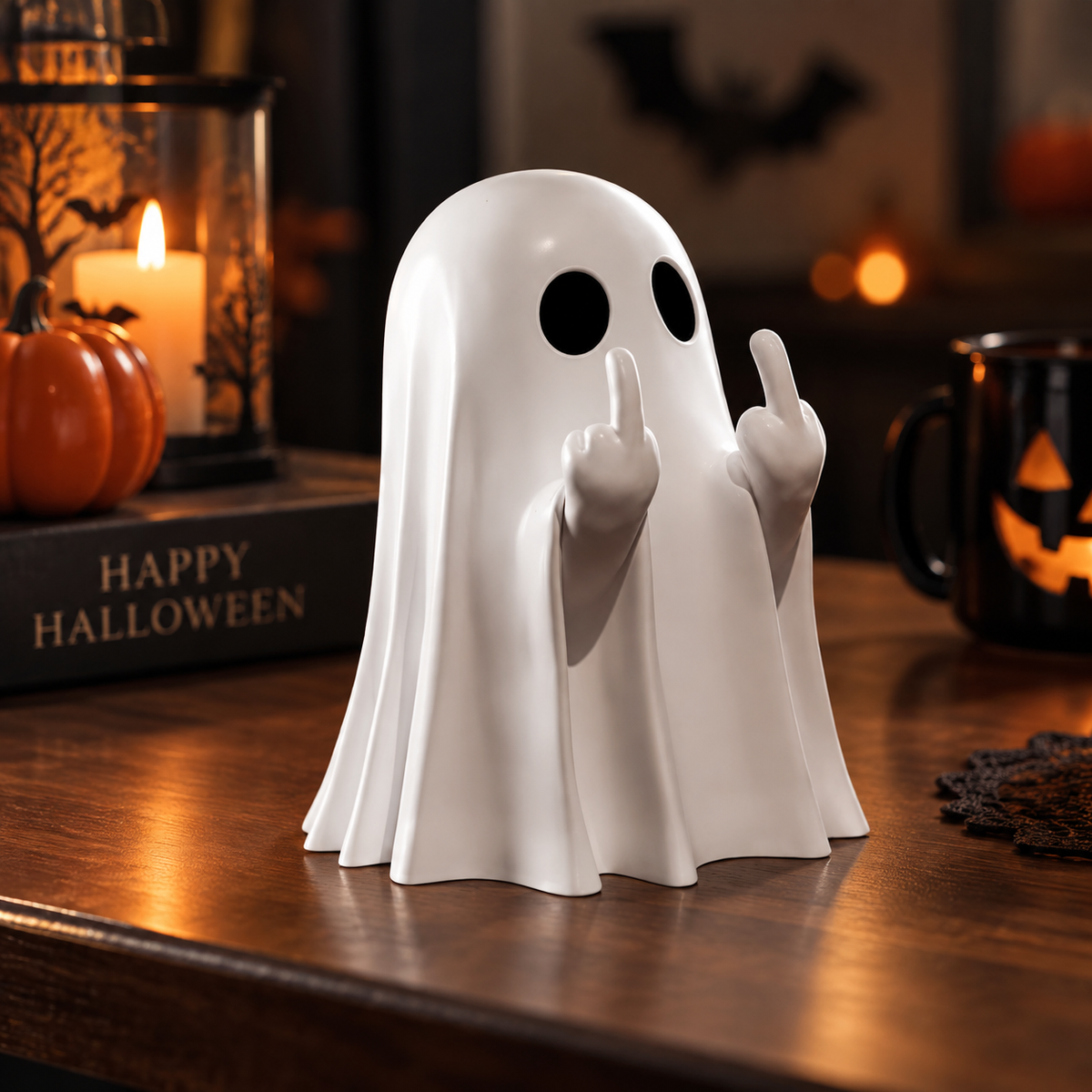 Cute Halloween Ghost Statue with Middle Finger Gesture – Small Spooky Tabletop Decor