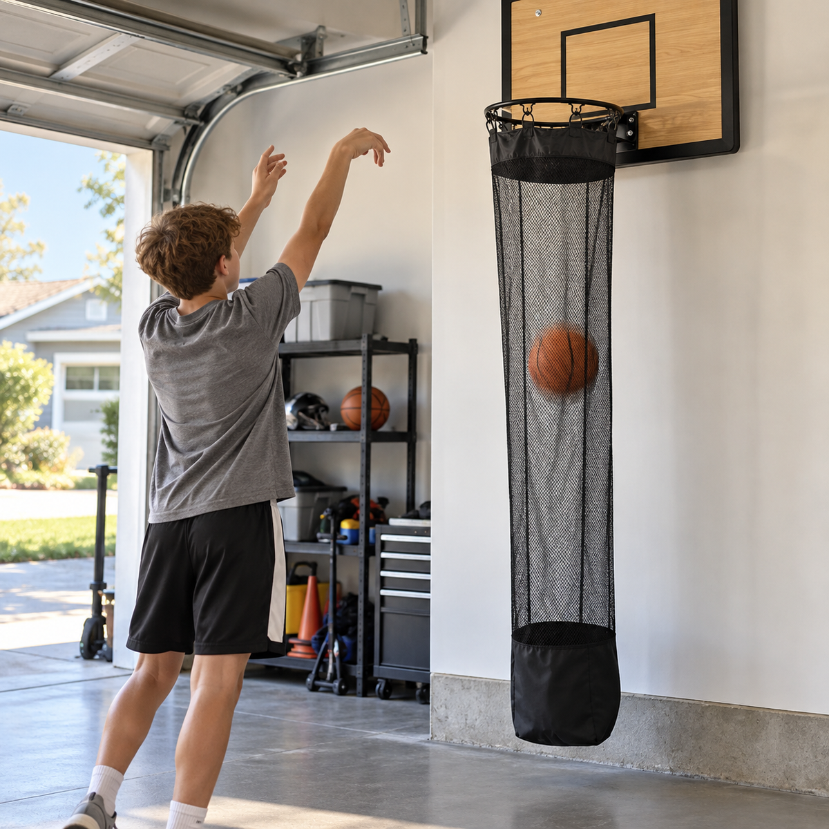 Basketball Catch Net Storage Bag – Extended Hoop Ball Return Organizer for Garage & Backyard Courts