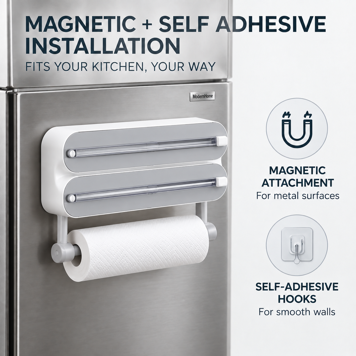 3-in-1 Magnetic Plastic Wrap Dispenser with Cutter | Cling Film, Foil & Baking Paper Organizer