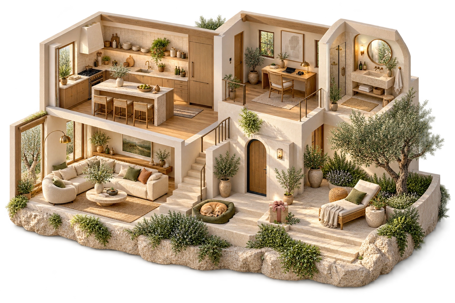 An architectural miniature home with a kitchen, living room, desk, self-care room, garden terrace, sleeping dog and gift at the entrance.